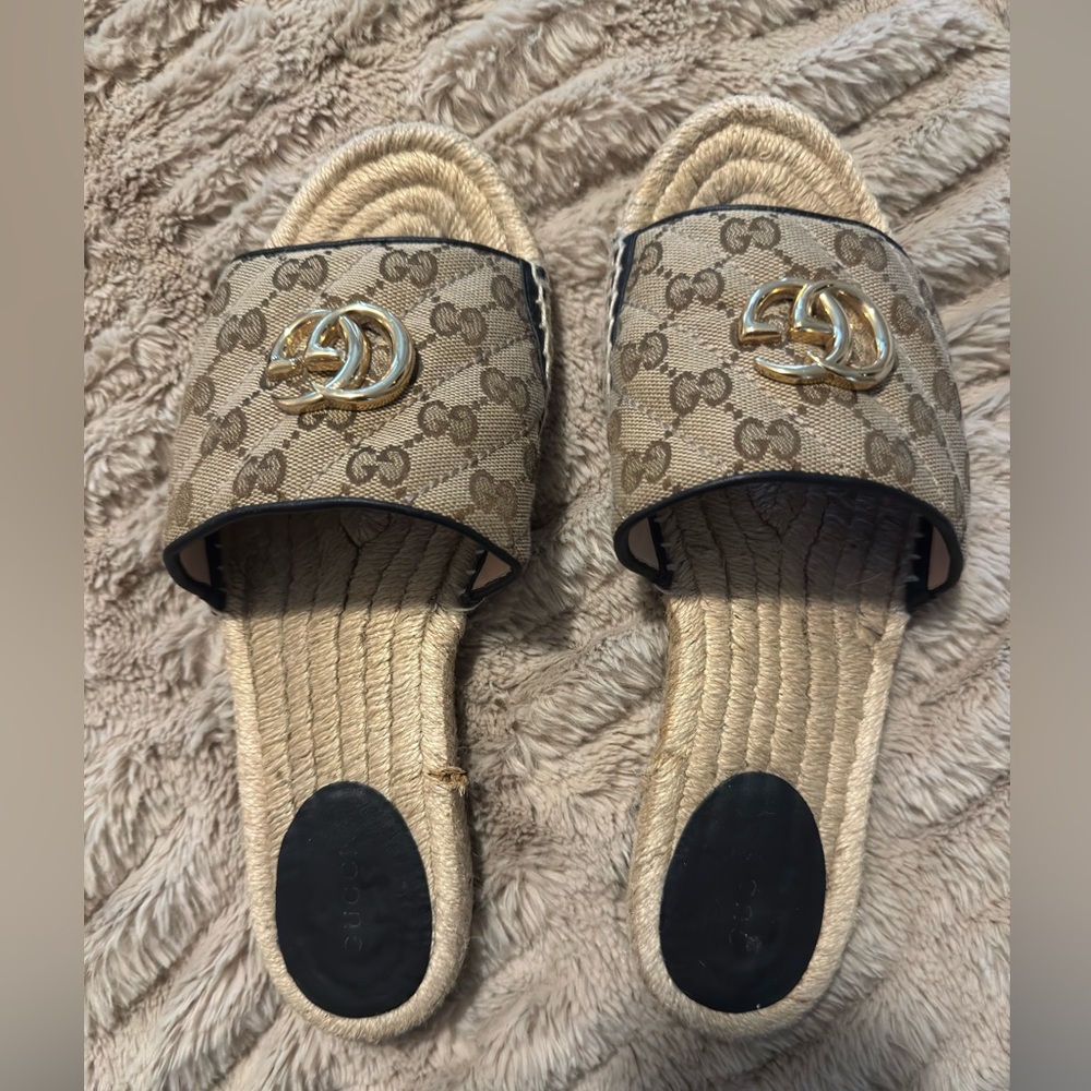 Gucci Brown Monogram Espadrille Slide Sandal with Gold Double G - Picture 4 of 9